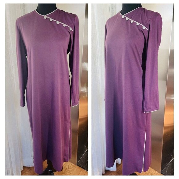 Vintage 1970s dress, purple, grey, A line, long sleeves, Mr Edwards, 8/10 (M) - Picture 2 of 10